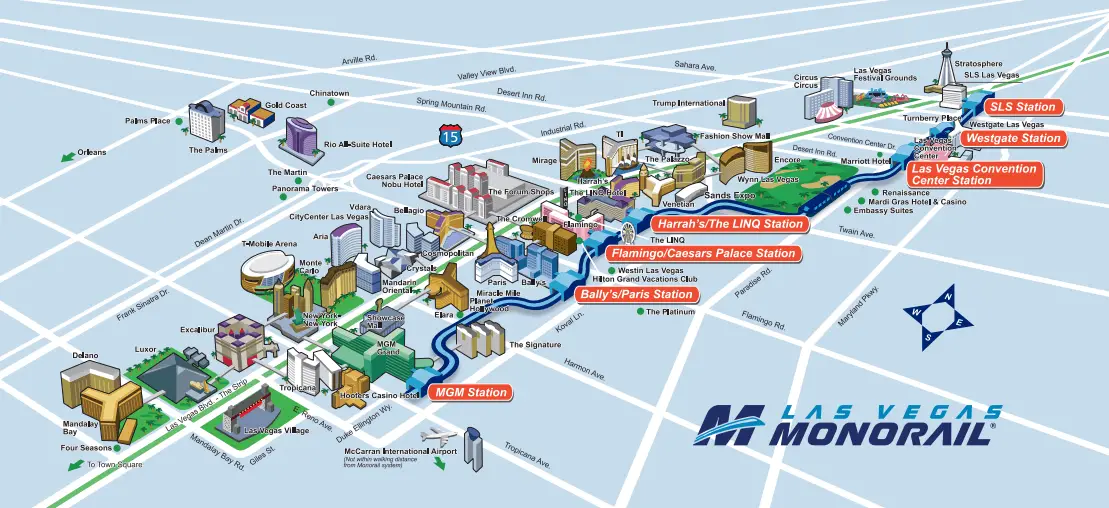 LV Monorail map: The Las Vegas monorail can get you up and down the east side of Las Vegas Blvd.