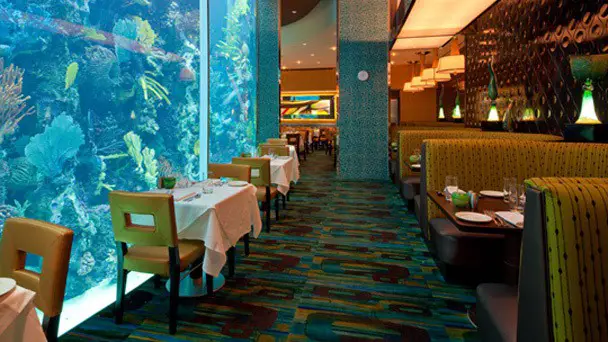 View of the aquarium from the inside of the Chart House restaurant in Las Vegas.