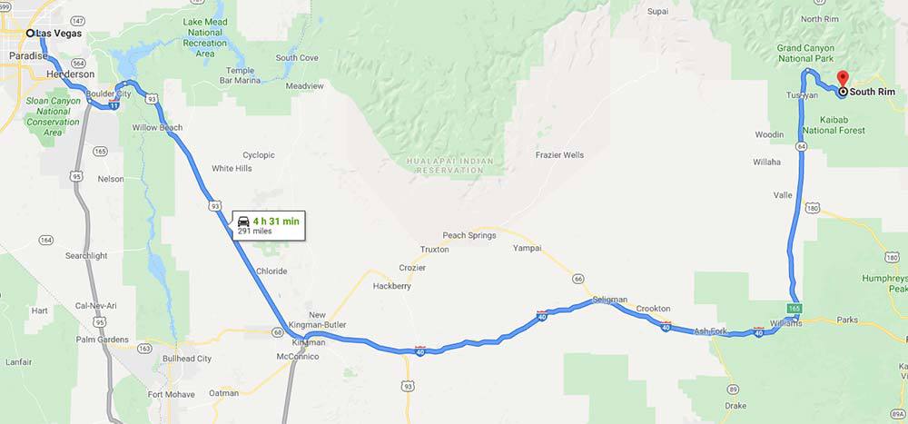 Google map of the route you'll most likely take from Las Vegas to the Grand Canyon