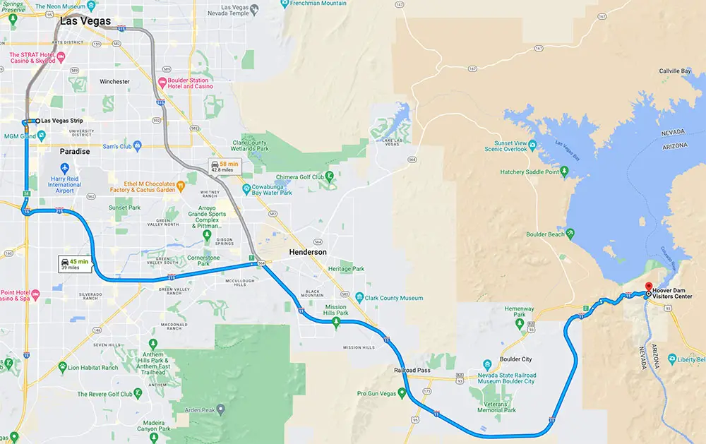 Map showing directions to Hoover Dam from the Las Vegas Strip