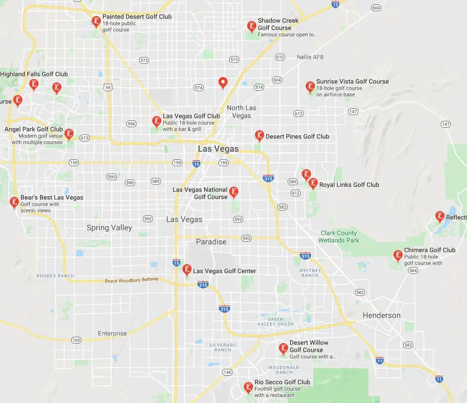 Map of golf courses in the Las Vegas Valley.