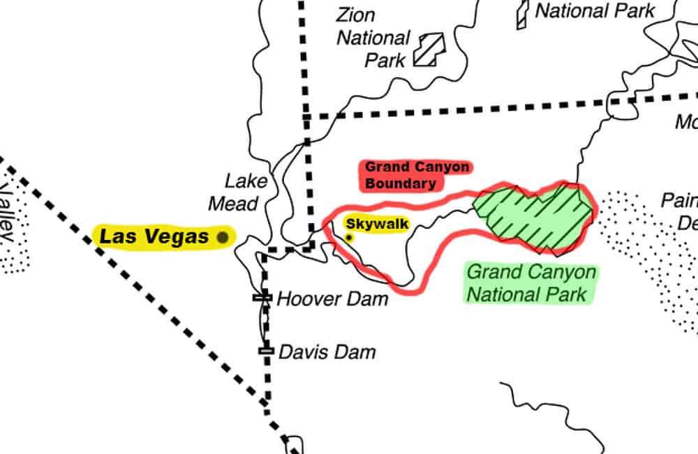Map of the states of Nevada, Utah and Arizona showing the boundary lines of Las Vegas and the Grand Canyon