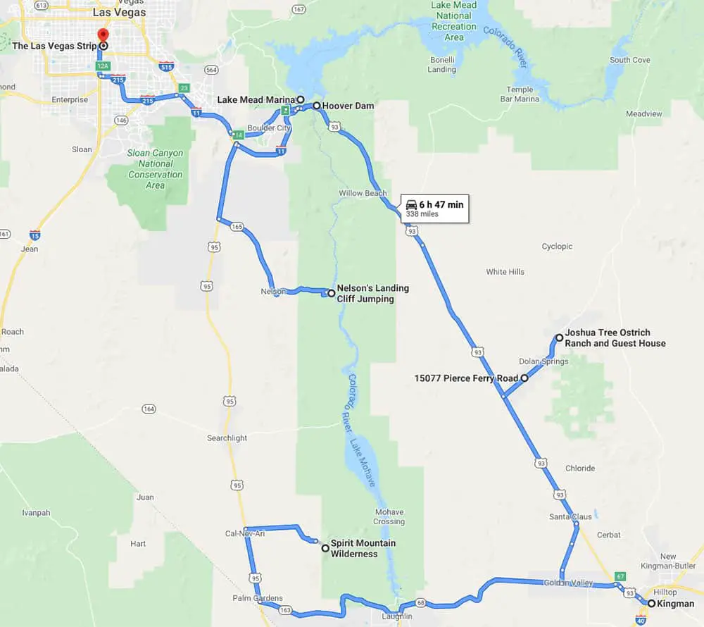 Route 66: Seligman to Kingman to Las Vegas - Things to Do On the Way 7 Map showing points of interest between Kingman and Las Vegas