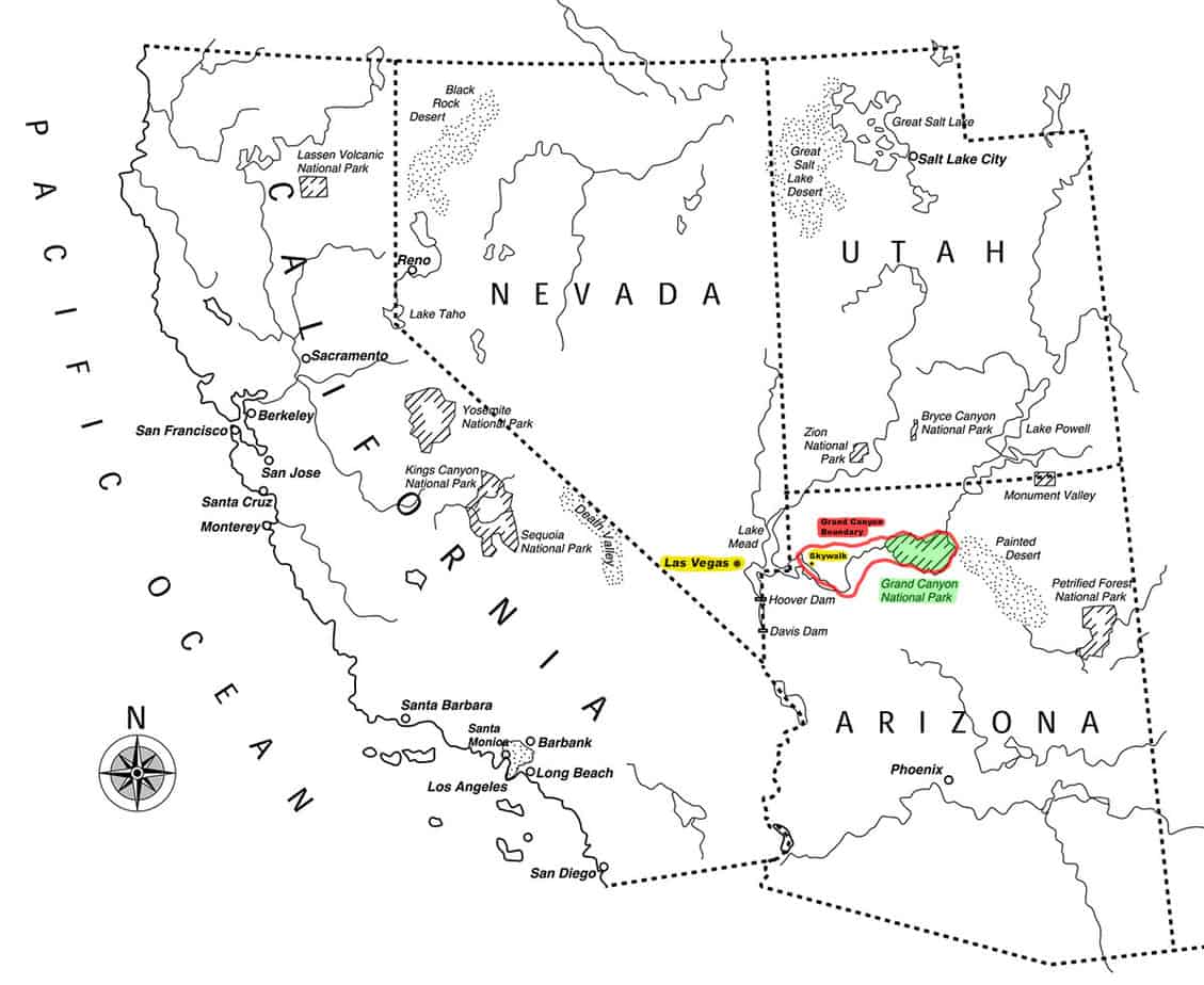Map of the states of California, Nevada, Utah and Arizona showing the boundary lines of Las Vegas and the Grand Canyon.