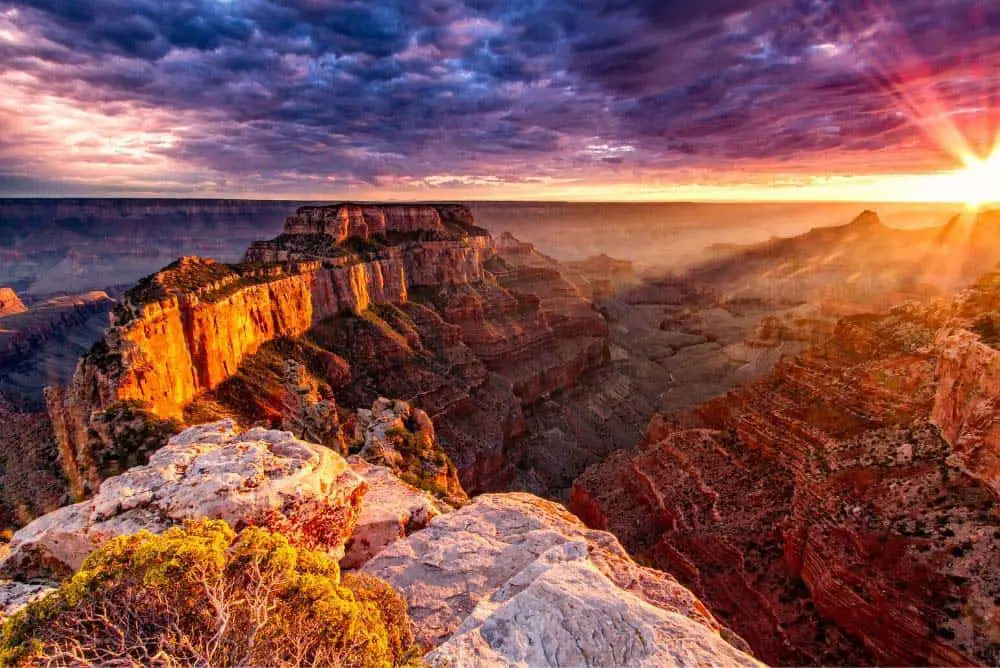 Sunset at the North Rim from Cape Royal overlook. The North Rim of the Grand Canyon is a little over 4.5 hours away from Las Vegas.