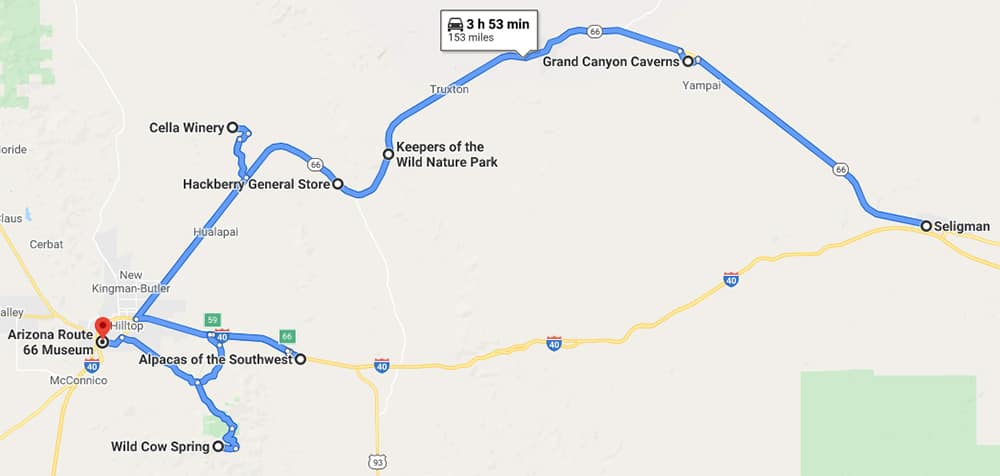 Map detail of points of interest on Route 66 from Seligman, AZ to Kingman, AZ