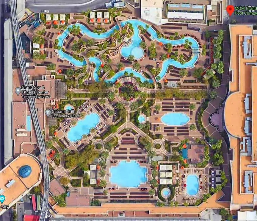 Aerial view of the MGM Grand Pool Complex, including the lazy river