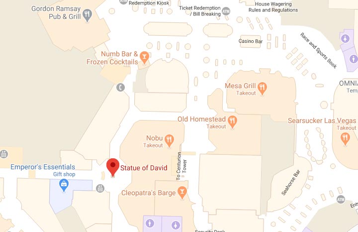 Map showing statue of David location inside of Caesars Palace