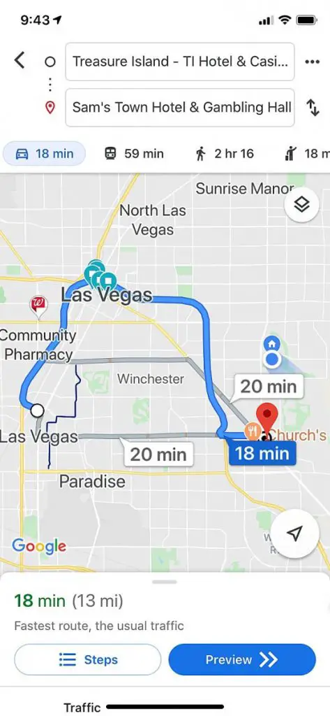Driving in Las Vegas: A Local's Top Tips for a Smooth Ride 4 google map route from Treasure Island TI to Sam's Town Casino on the freeway
