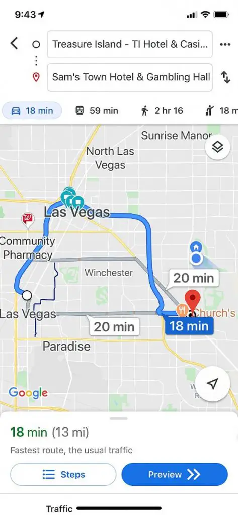 google map route from Treasure Island TI to Sam's Town Casino on the freeway