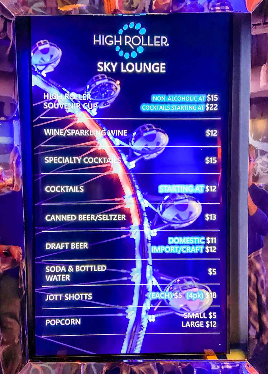 The High Roller drink menu and prices