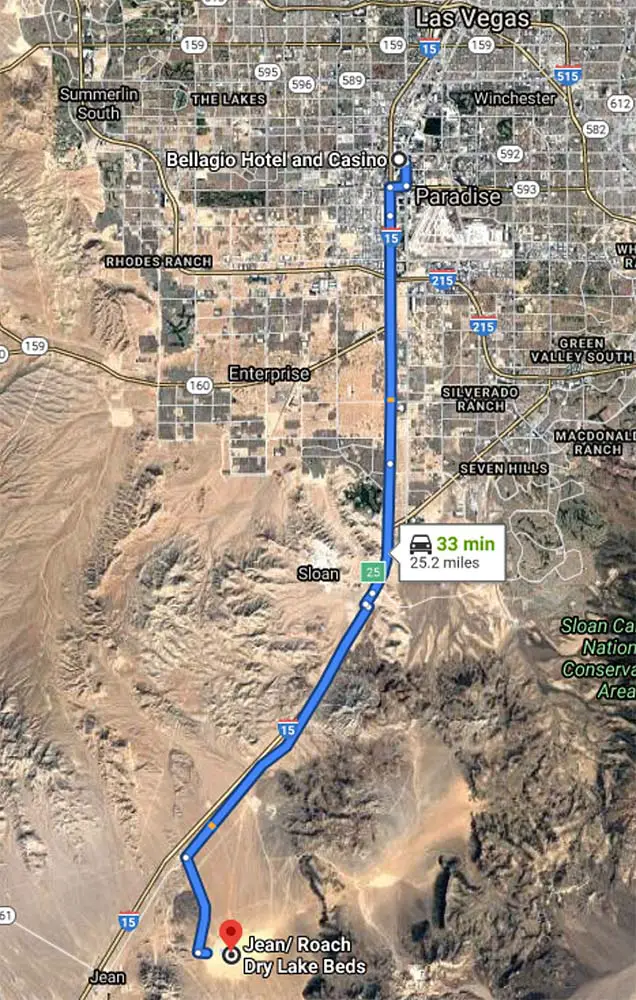 Map showing route from Las Vegas to Jean/Roach Dry Lake Beds entrance.