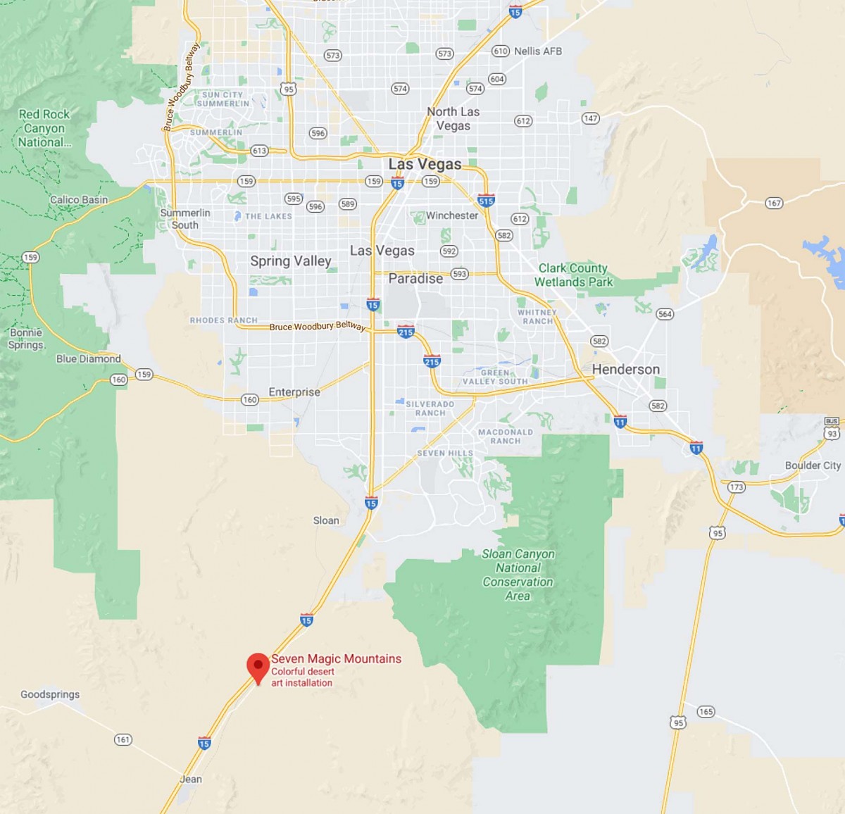 Map showing the location of the Seven Magic Mountains outside of Las Vegas.