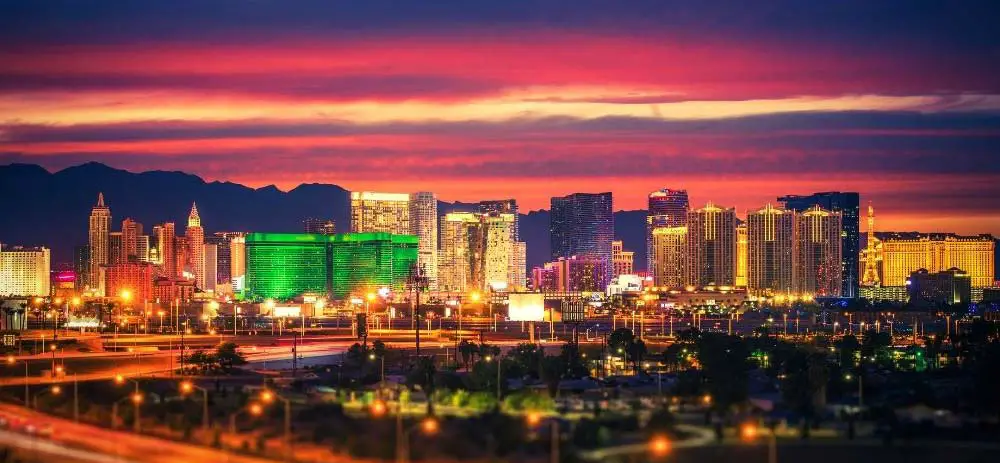 Las Vegas skyline at sunset.