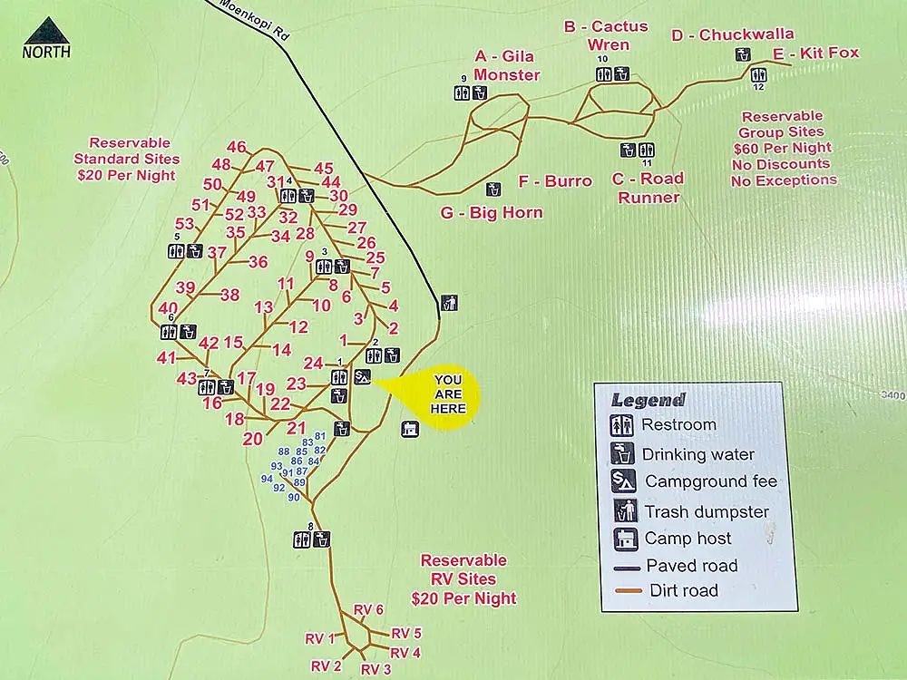 Map of camping spots at Red Rock Canyon Campground