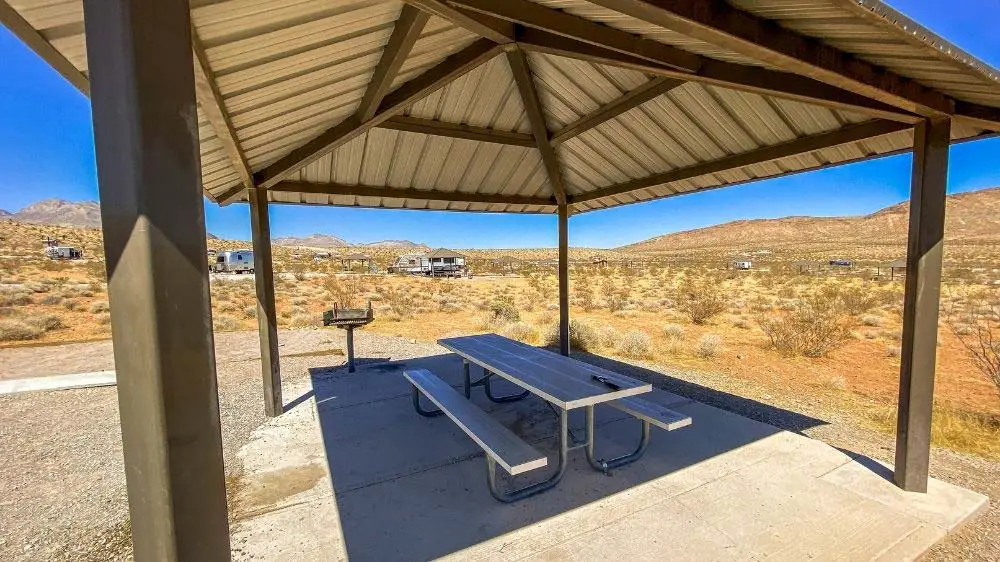 A picnic table under covered awning.