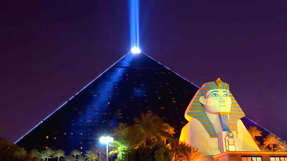 Beam of light shoots skyward from the Luxor Hotel & Casino in Las Vegas.