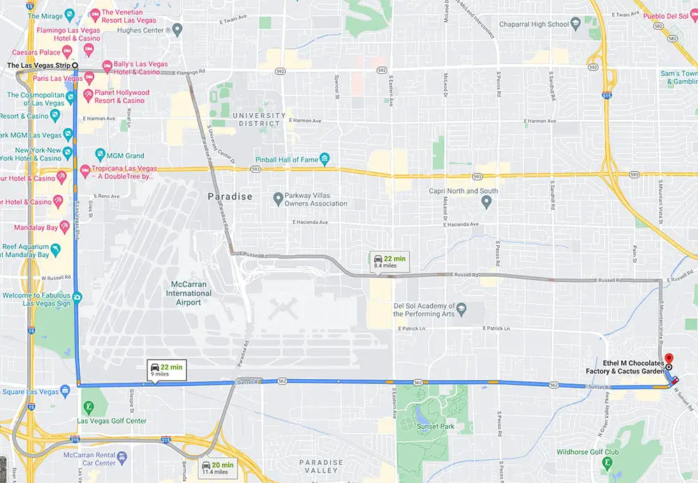 Map showing route from the Las Vegas Strip to the Ethel M Chocolate Factory