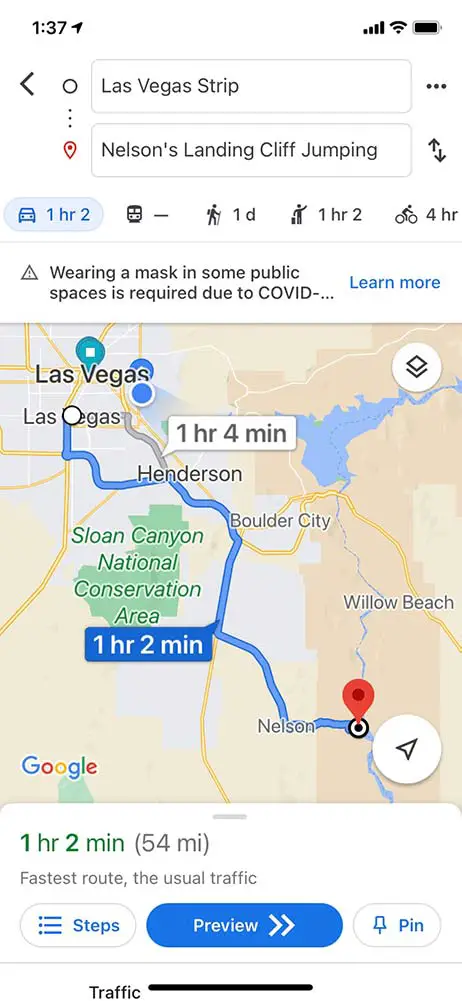 Map showing time and distance to Nelson's Landing from the Las Vegas Strip.