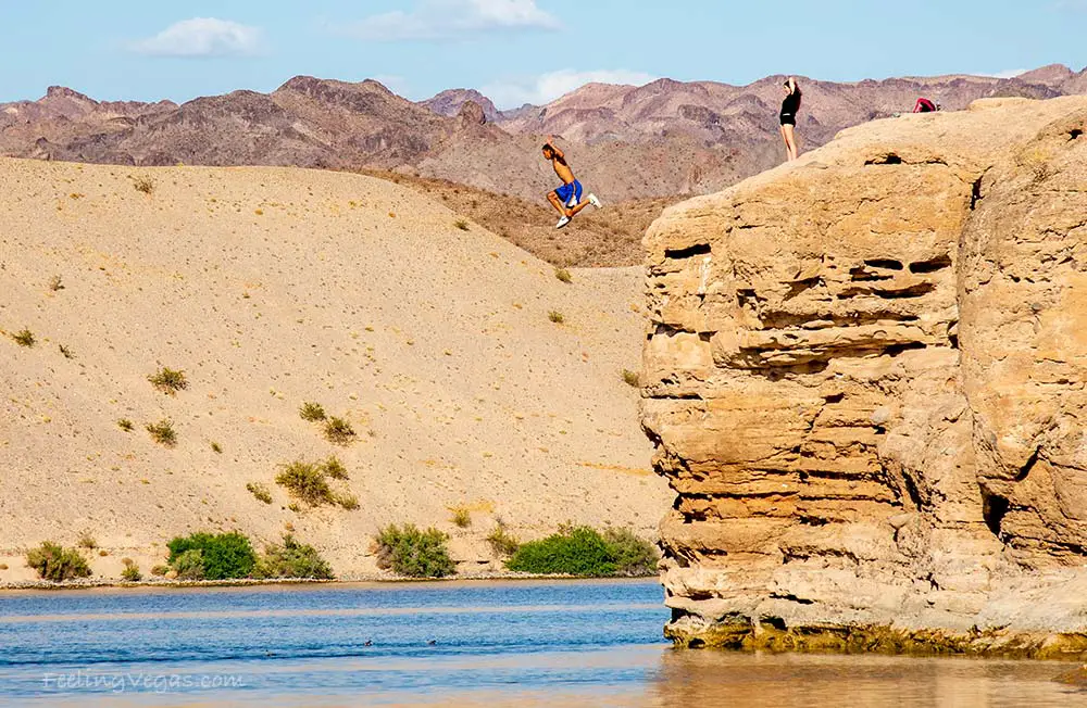 Man jumping off cliff into Colorado River at Nelson's Landing cliff jumping area.