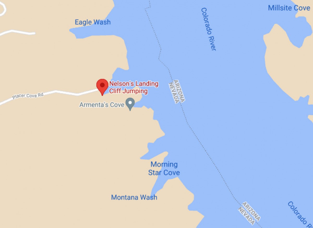 Nelson's Landing Cliff Jumping (Las Vegas Day Trip!) 3 Nelson's Landing on a map showing the Nevada and Arizona state lines in the middle of the Colorado River.
