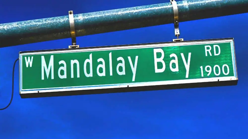 Parking rates at Mandalay Bay: Mandalay Bay Rd. road sign in Las Vegas.