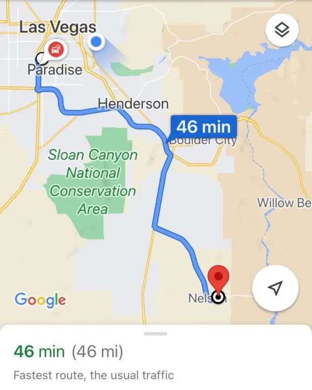 Map to Nelson Ghost Town from the Las Vegas Strip.