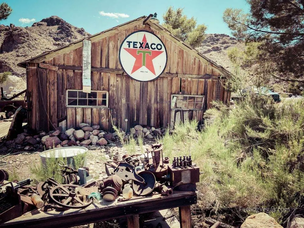 Texaco sign on building in Nelson ghost town Nevada.