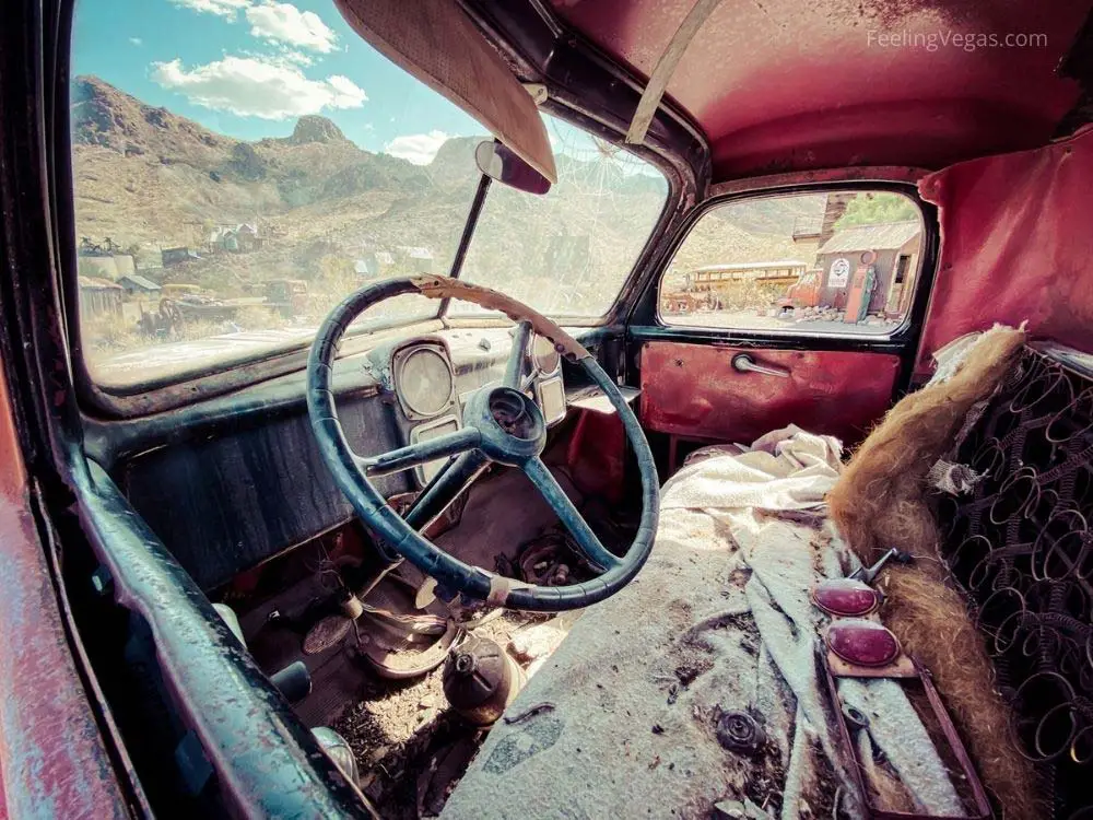 Interior of abandoned truck in Nelson ghost town.