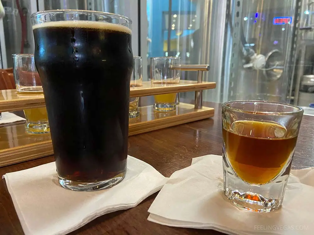 Strong ale beer shot and a pint of Brown Ale at Banger Brewing Las Vegas.