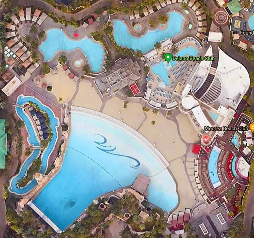 Aerial view of the lazy river and pool deck at Mandalay Bay