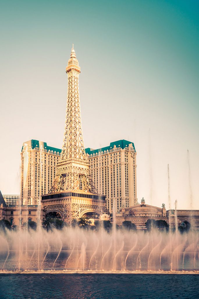 Eiffel Tower Paris Las Vegas is just across the street from Bellagio Fountains
