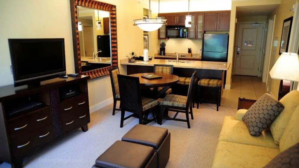 Hotel room suite with kitchen in Las Vegas.