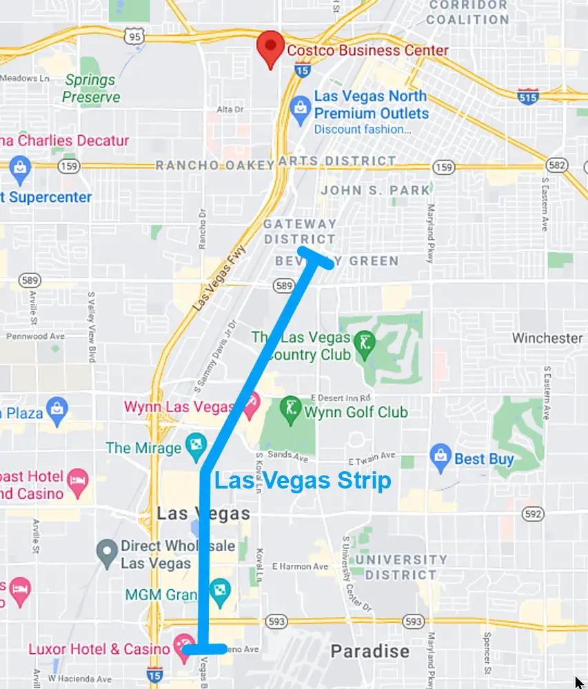 Map of the Costco Business Center in relation to the Las Vegas Strip.