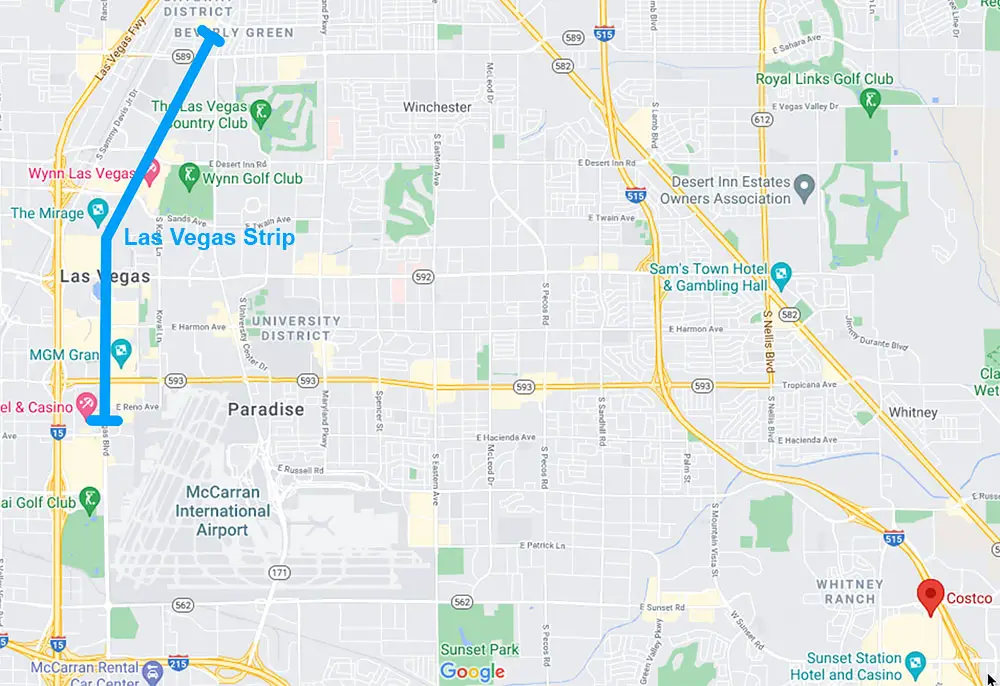 Map of the Costco in Henderson in relation to the Las Vegas Strip.