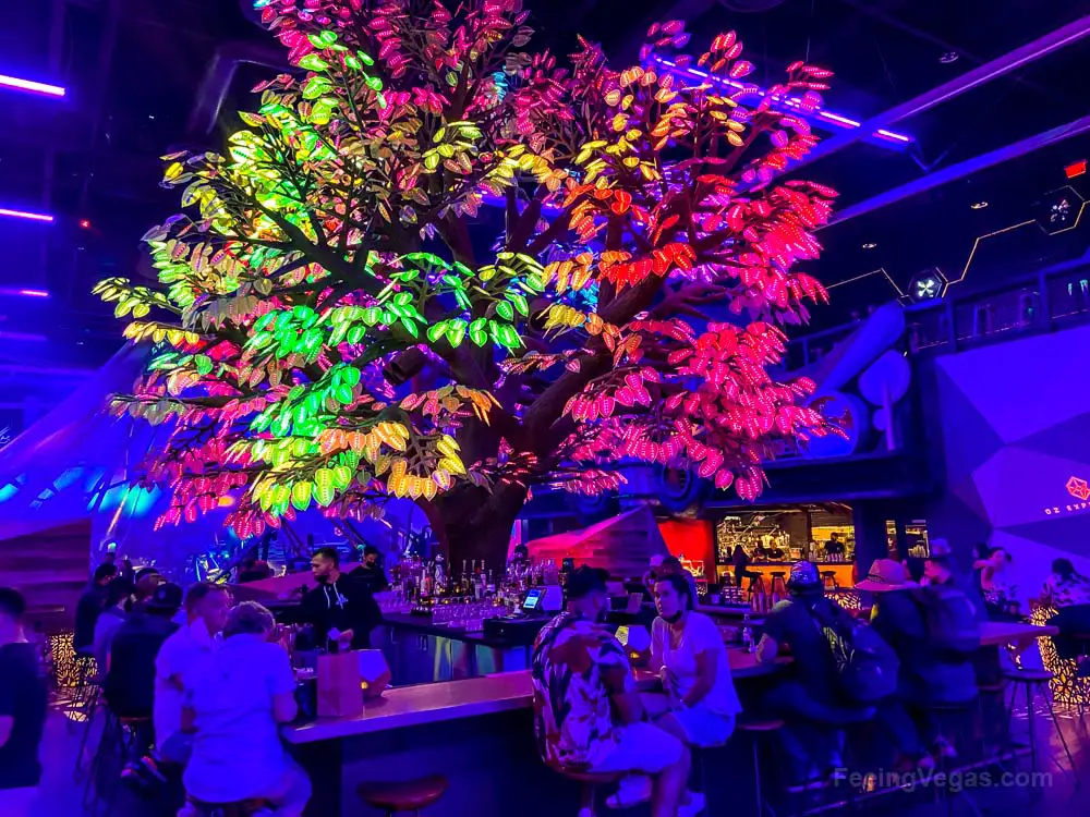 Grab a drink and sit under the lights of the tree at Oddwood bar at AREA15.
