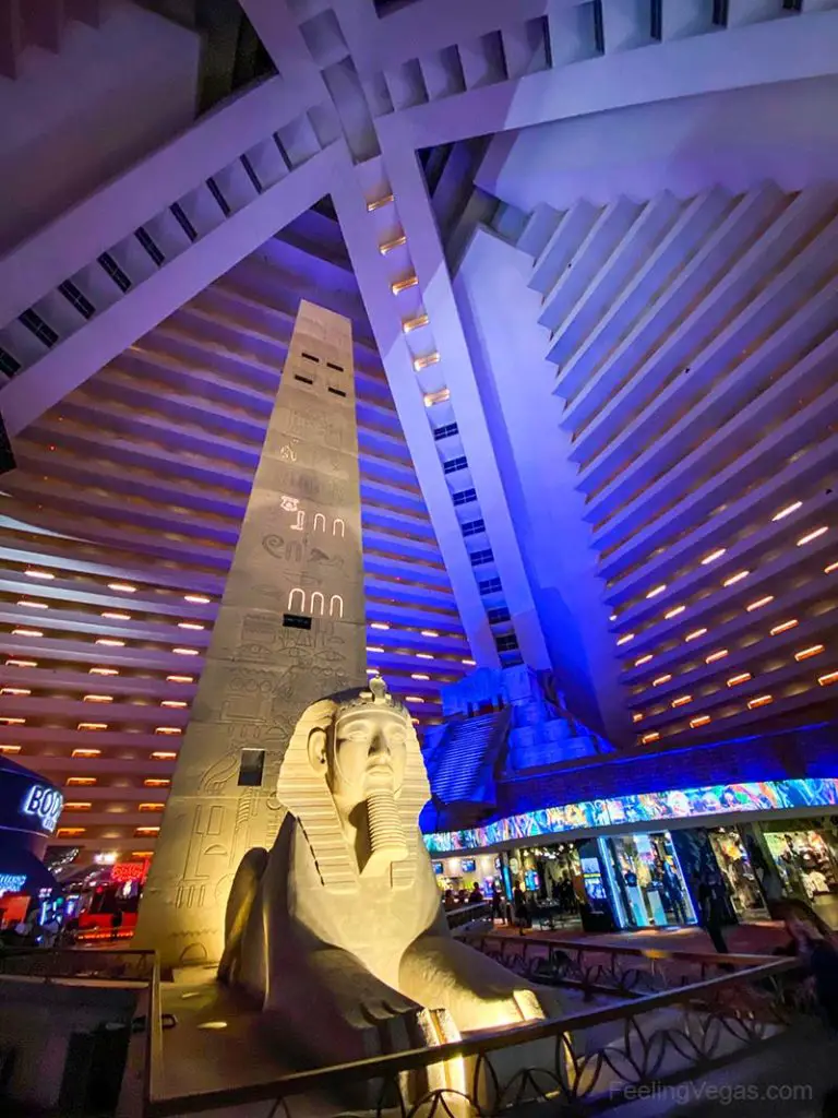 Interior of the Luxor Hotel looking up toward the top of the pyramid.