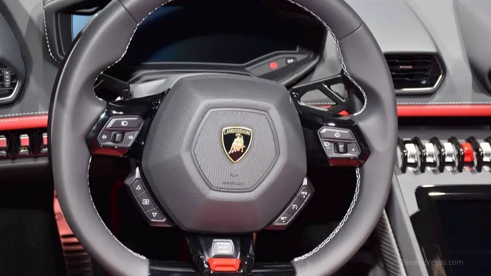 View of the drivers cockpit in the Lamborghini Huracan Spyder