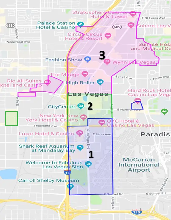 Taxi fees from Harry Reid Airport to different zones on the Strip.