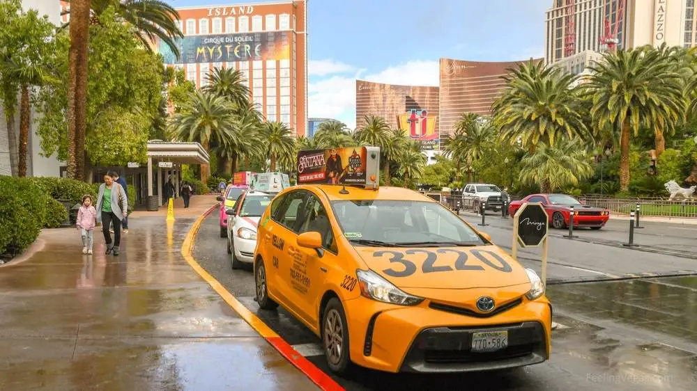 Taxi cabs lined up at The Mirage in Las Vegas.