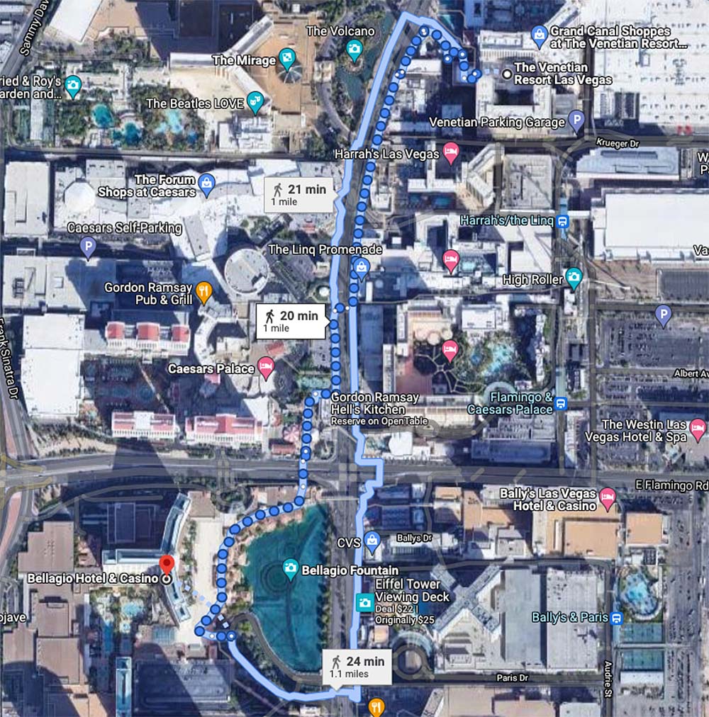 A walking map from The Venetian to The Bellagio on the Las Vegas Strip.