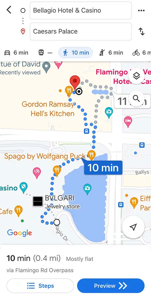 Walking map from Bellagio to Caesars Palace.