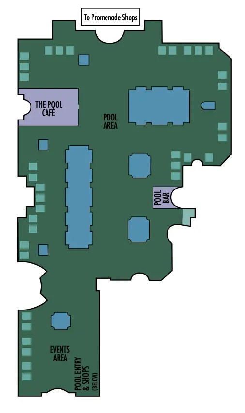 This map shows the basic layout of the five pools at the Bellagio Las Vegas.