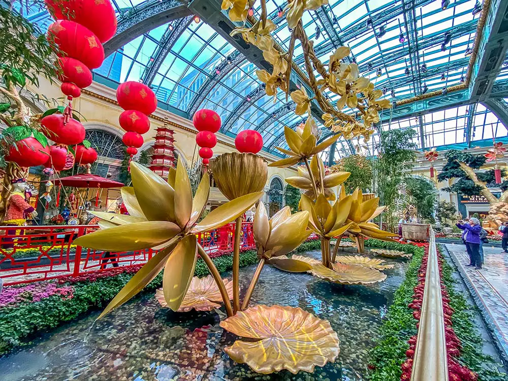 Bellagio garden with it's clear glass ceiling can be found right next to the Bellagio Hotel lobby.