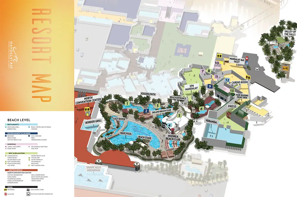 A map of the Mandalay Bay pool area detailing the pools, clubs, bars, and restaurants.