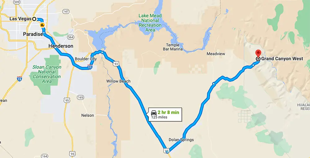 Las Vegas to Grand Canyon West map