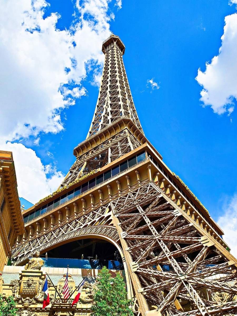 Looking up at the Eiffel Tower Replica on the Las Vegas Strip