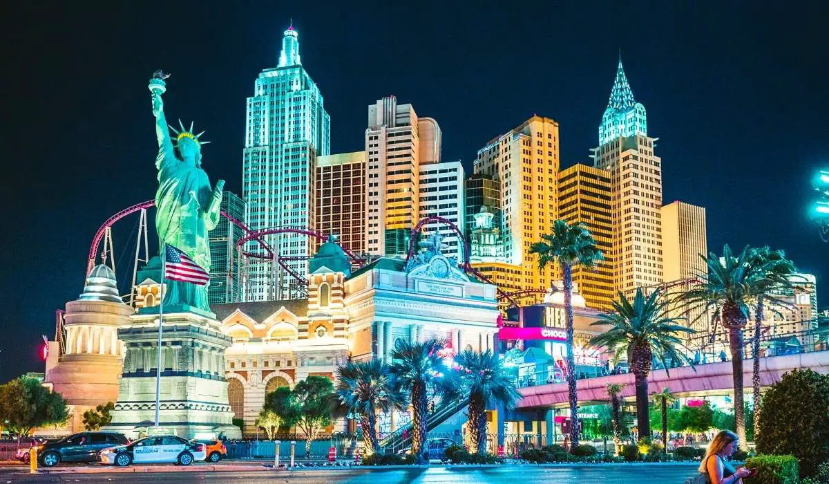 The facade at New York-New York Hotel & Casino is a replica of the New York City skyline