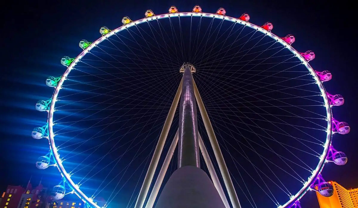 high roller wheel at night at the linq promenade is a popular attraction for those under 21