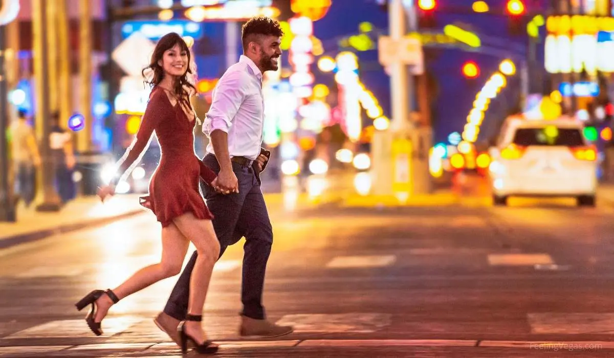 A couple out walking the Strip on their first night in Las Vegas